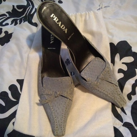 Vintage PRADA Gray Ostrich Leather Mules - Picture 1 of 7